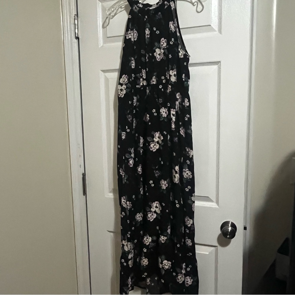 Sweet Lemon Black Floral Halter Maxi Dress with Purple Blooms
